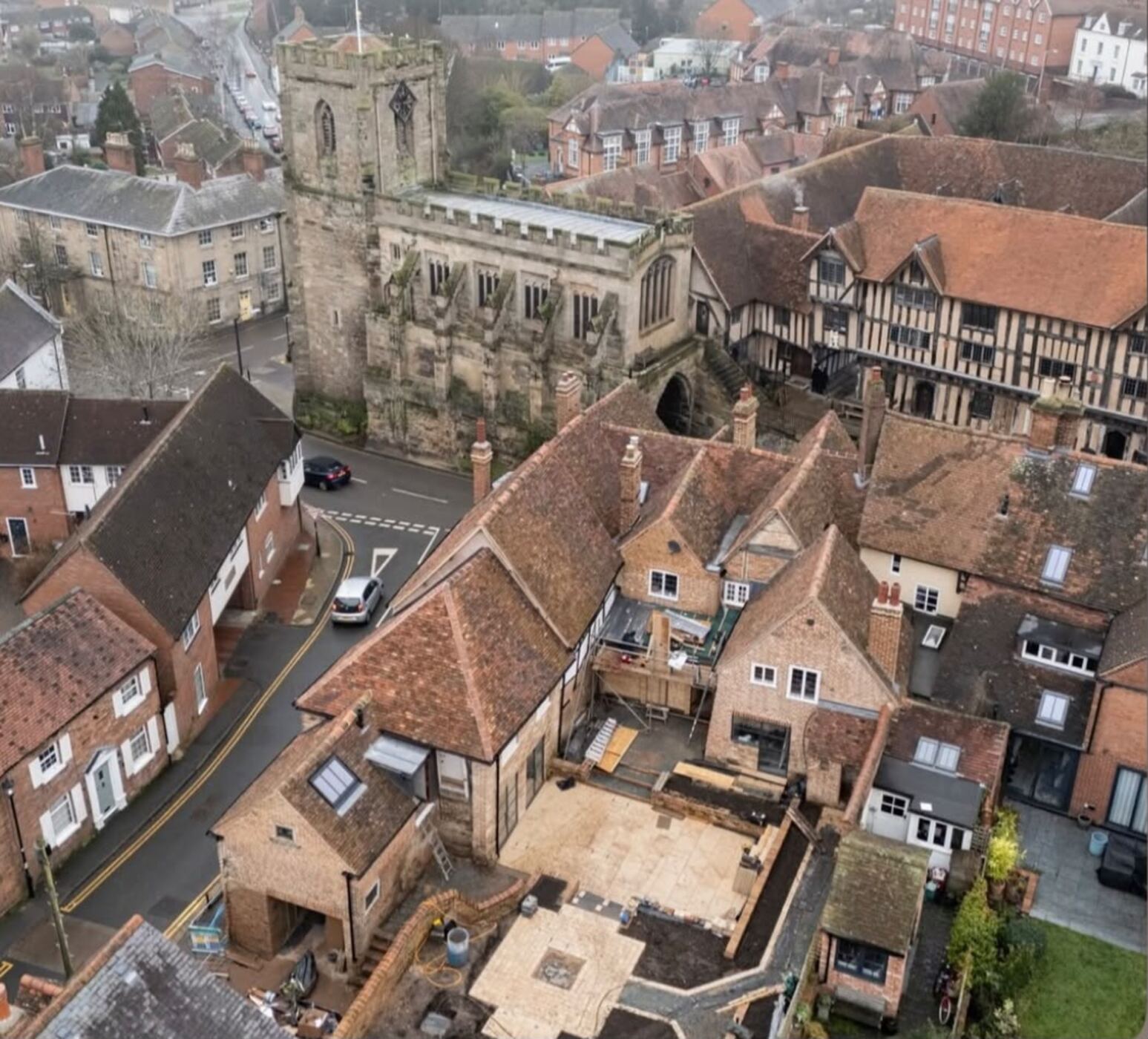 Aerial view over Warwick rooftops