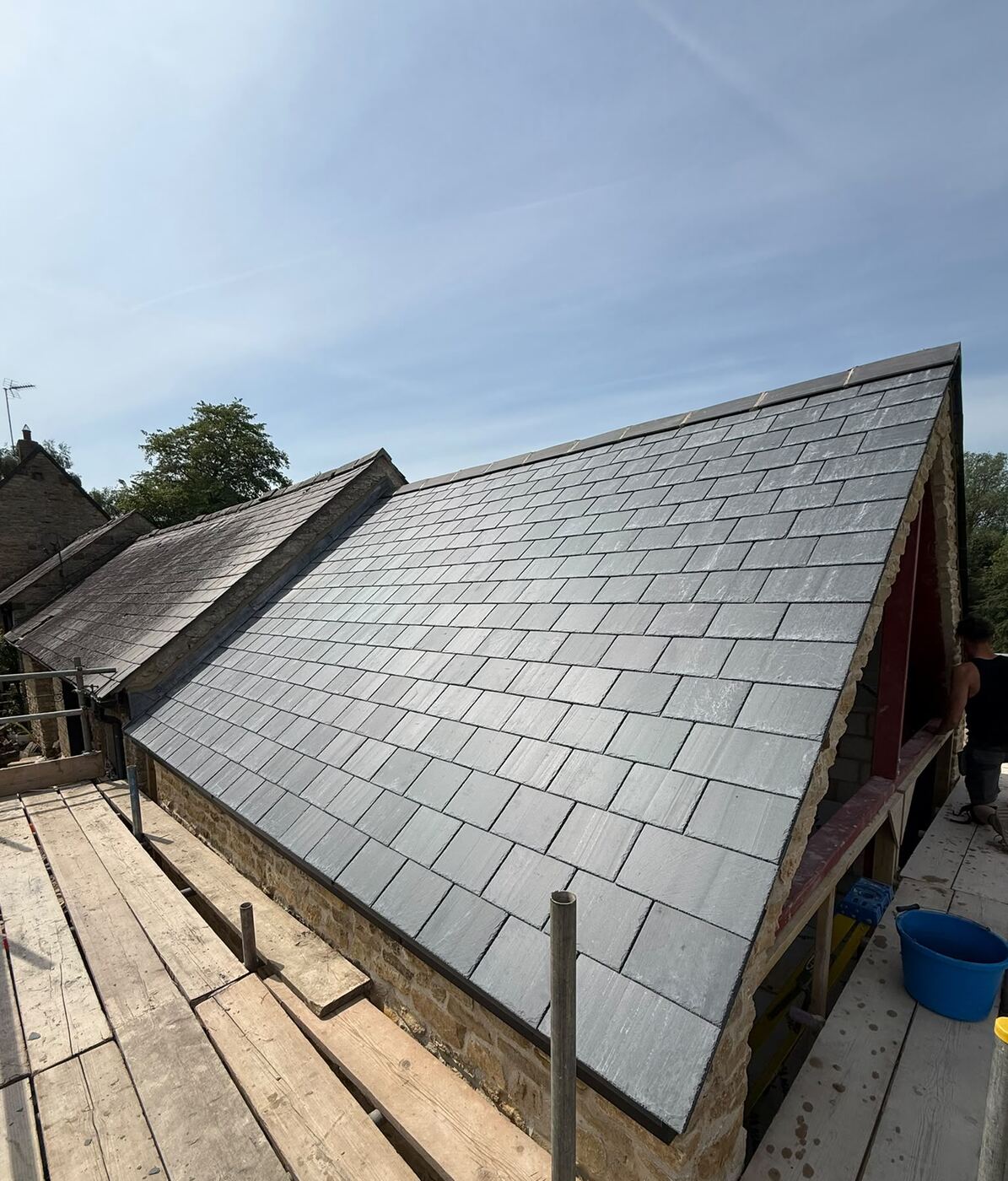 Glendyne slate roof slope on stone barn, Farthinghoe